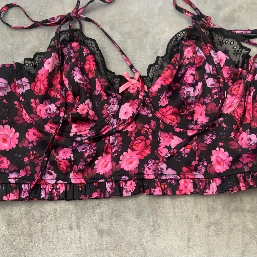New! For Love And Lemons Black Pink Floral Farrah Bustier 24558